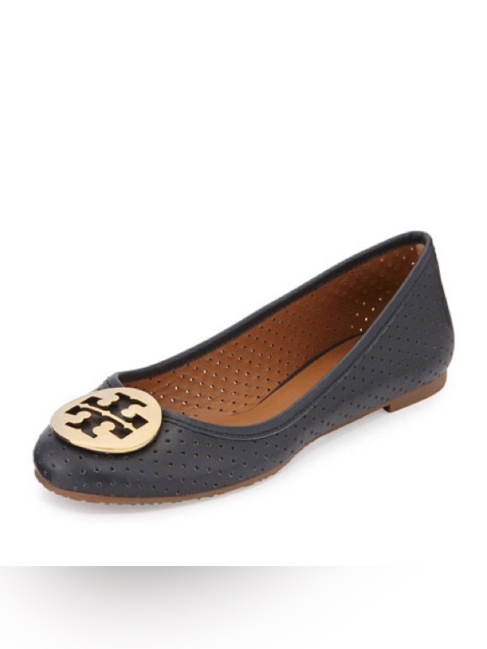 Tory Burch Perforated Navy Reva Flats Size 7.5 with Gold Accents